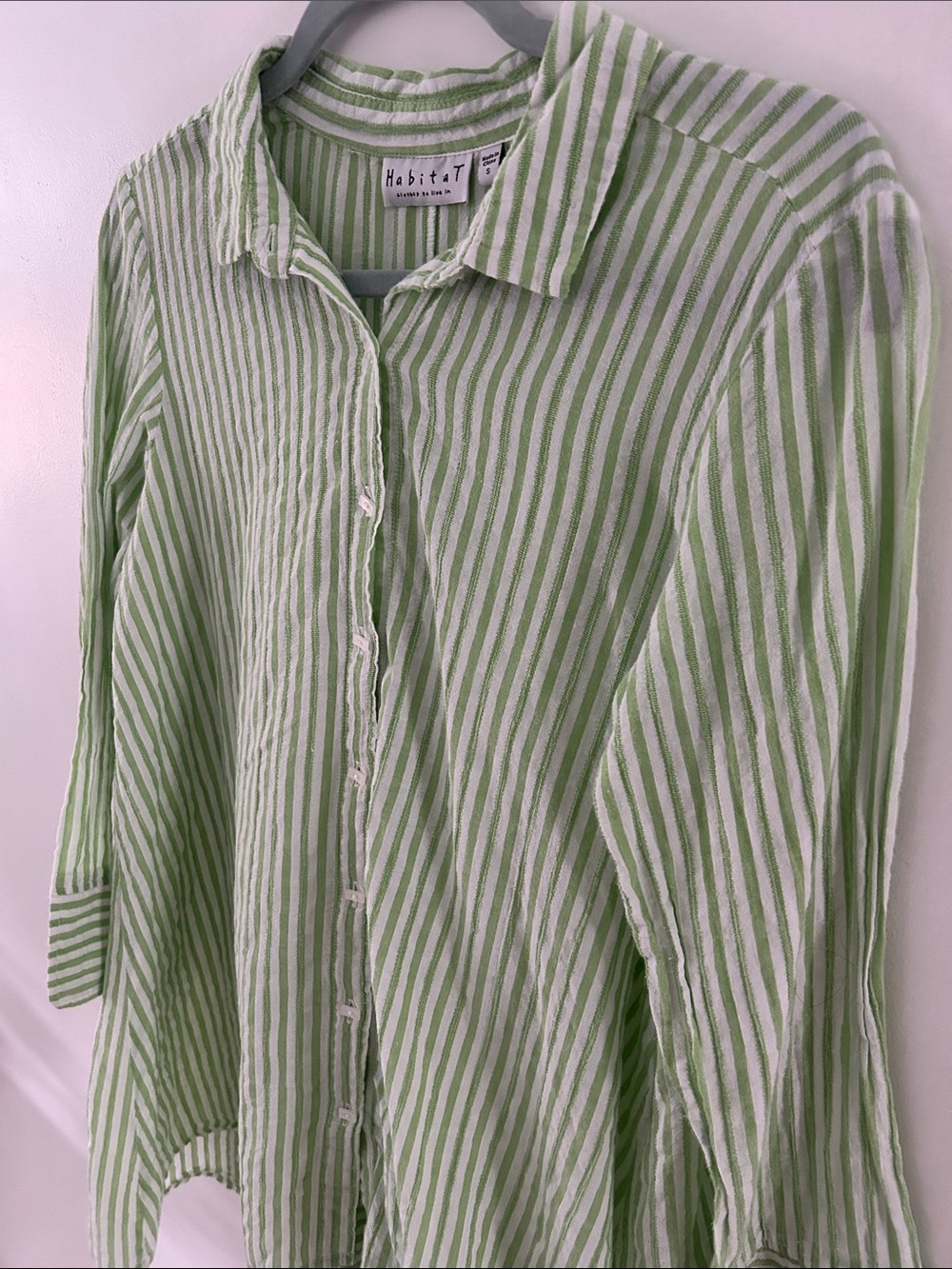 Habitat Cotton Button-Front Tunic Green/White Striped Lagenlook Coastal Small - Picture 13 of 14